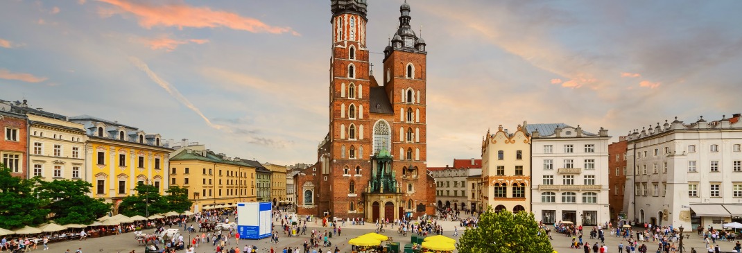 The main square of Krakow filled with people